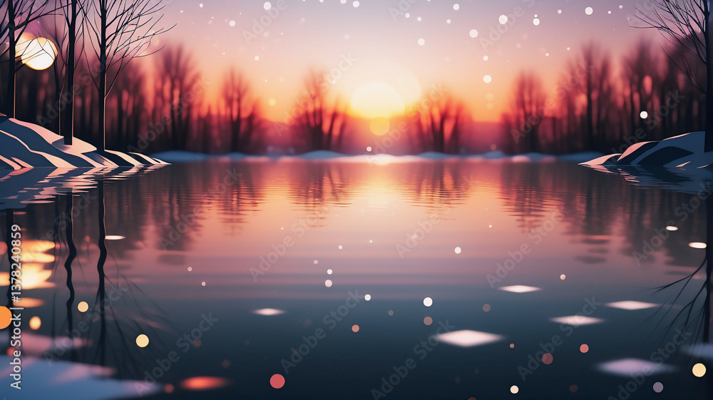 Poster winter sunset reflects on a frozen lake. bare trees line snowy banks under colorful sky with bokeh l
