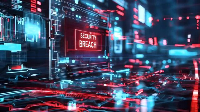 Sci-fi inspired cyberattack with holographic screen showing SECURITY BREACH in bold