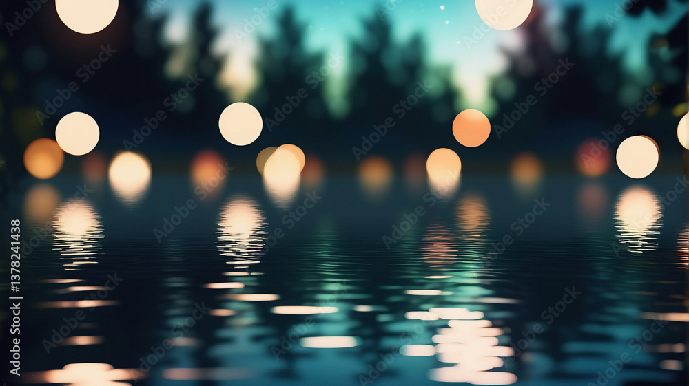 Leinwandbilder night scene of blurry bokeh lights reflecting on water. silhouetted trees in the dark background cre