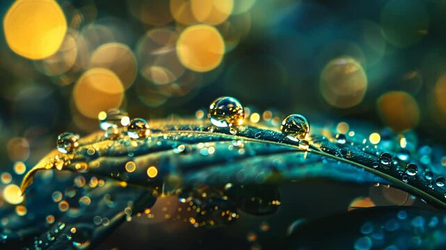 Close-up of water droplets on leaf, capturing microcosmic reflections and botanical details