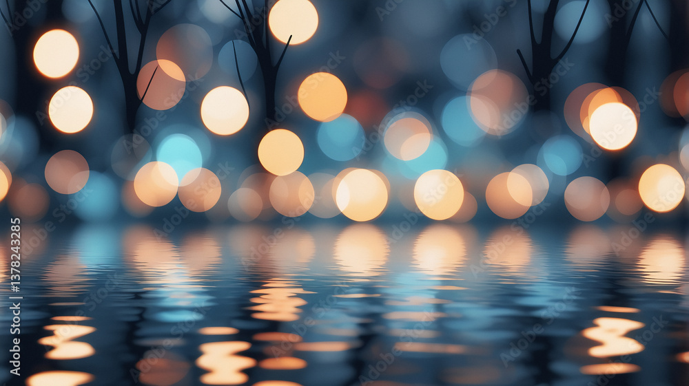 Poster blurred lights create magical atmosphere reflected in water. orange and blue bokeh blend in dreamy a