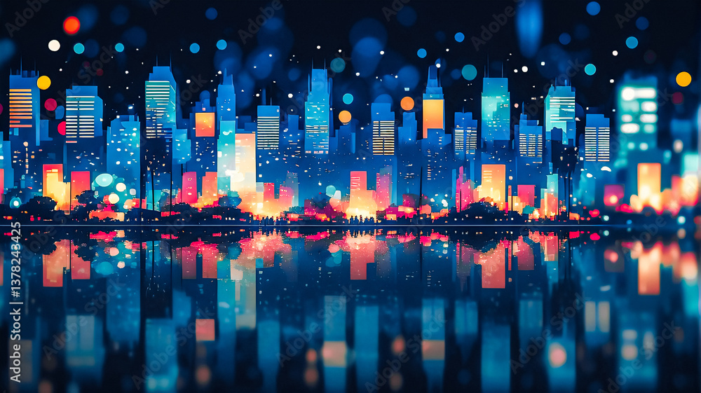Poster vibrant cityscape at night with colorful lights reflecting in water. the city skyline is illuminated