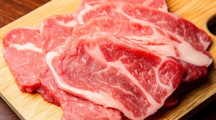 Slices of raw pork presented artfully on a wooden cutting board, capturing the richness and texture of high-quality cuts. Focus on the freshness and vibrant color of the meat