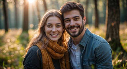 Fototapeta premium Happy young couple in forest glade with soft sunbeams background portrait photo 