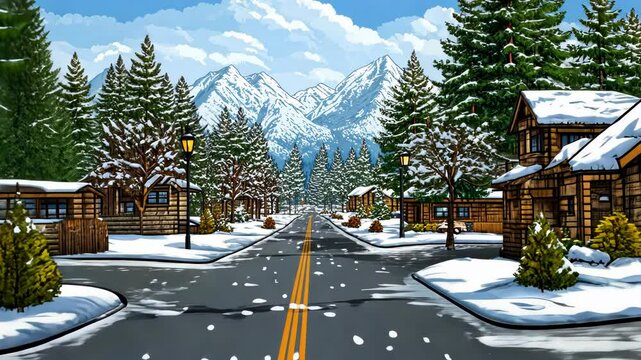 Snowy winter village scene