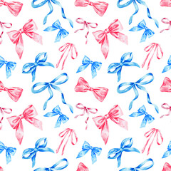 Hand-drawn blue and pink bow seamless pattern for baby shower, party invitations, and textile prints.
