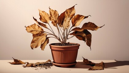 a potted houseplant with dry withered leaves and damaged foliage appears lifeless illustrating plant disease in a flat style