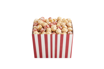 Colorful caramel and strawberry popcorn in red striped box, cut out