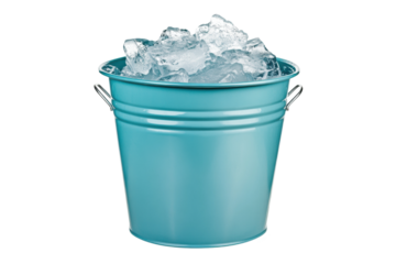 Blue metal bucket filled with ice cubes on white background, cut out