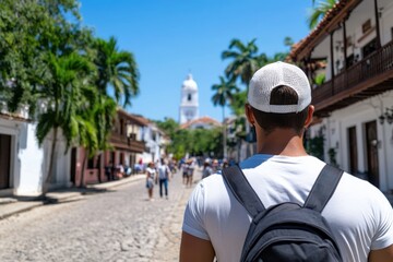 Obraz premium A traveler wearing a backpack walks through a bustling tropical town. The vibrant atmosphere and historic architecture create a picturesque urban backdrop for exploration.