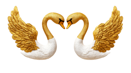 Two golden swans forming a heart shape, isolated, cut out transparent