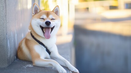 A delightful Shiba Inu dog with a happy, infectious grin, basking in the warmth of the sun and pure happiness, showcasing the canine spirit