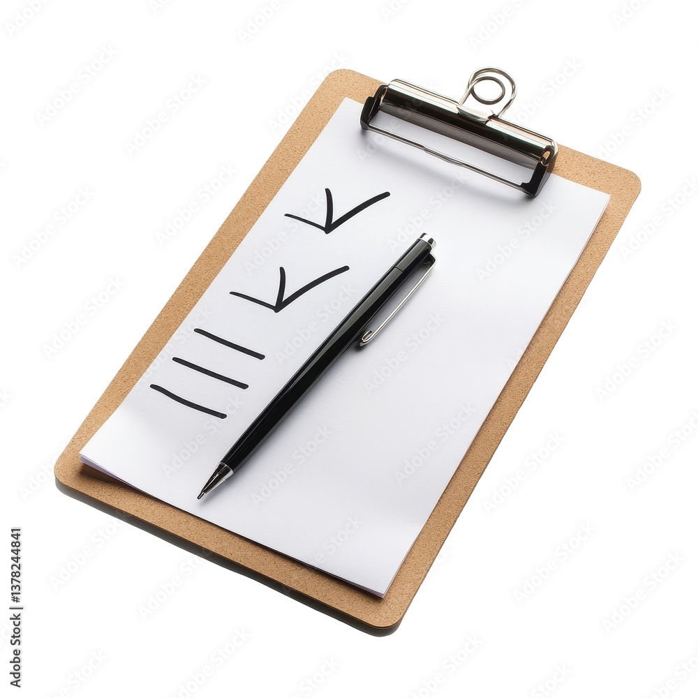 Aufkleber checklist with checkbox marks on clipboard and black pen ready for notes or tasks at office desk, ch