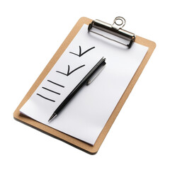 Checklist with checkbox marks on clipboard and black pen ready for notes or tasks at office desk, Checkbox on the Sheet Paper on the Clipboard isolated on white background