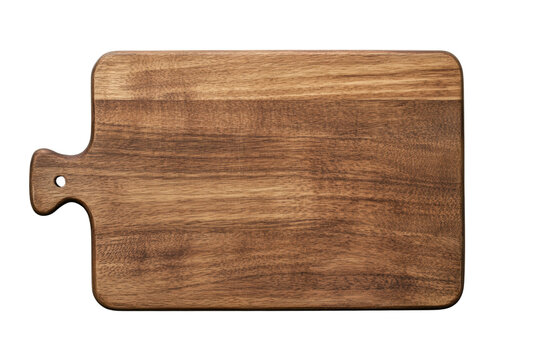 Rectangular wooden cutting board with handle on black background, cut out