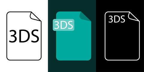 3DS file format icon set in outline, color, and dark mode. Vector illustration representing 3DS files for 3D modeling, animation, and game design in graphics and virtual environments.