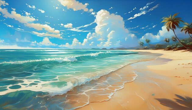 on this stunning summer day im at the beach where summer is written in sand along the shoreline surrounded by turquoise waters and vibrant clouds under warm sun rays creating a perfect scene