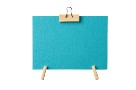 Blue note with wooden clip held by miniature pegs on black background, cut out