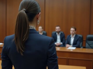 Mujer fiscal segura de sí misma presentando un argumento convincente en un tribunal moderno