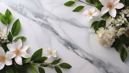 wiosenne kwiaty i li cie na marmurowym tle uchwycone w wyj tkowej fotografii o eleganckim stylu