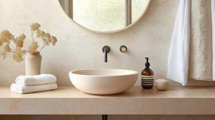 AI generator image of visually captivating interior bathroom design featuring a chic vessel sink, warm beige tones, and carefully curated decor elements creating a harmonious space