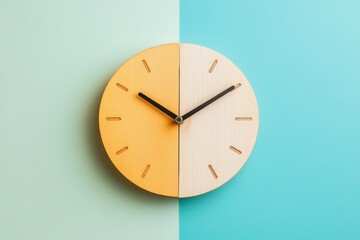 A wooden clock with black hands against a divided background