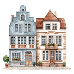 Vintage German townhouses architecture illustration watercolor.