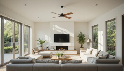 Ventilador de techo en una sala de estar minimalista con luz natural