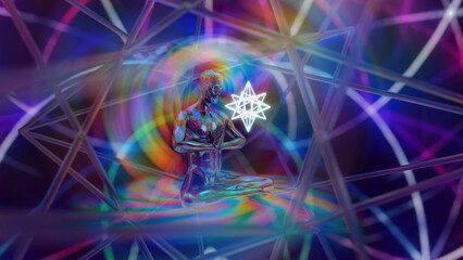 3d illustration of the interaction of the energy of prayer of a person meditating on merkabah