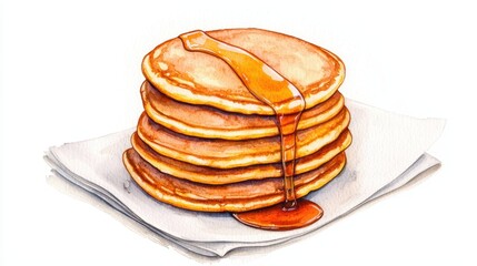Luxurious stack of fluffy pancakes drizzled with rich maple syrup captured in a realistic watercolor illustration style