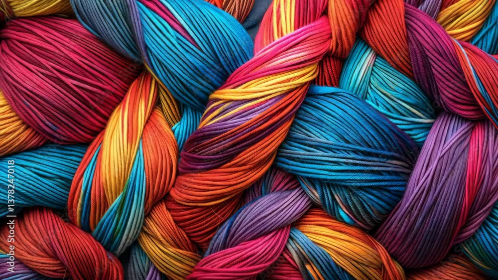 Poster colorful tapestry of intersecting yarn lines, creating a complex, vibrant mosaic effect
