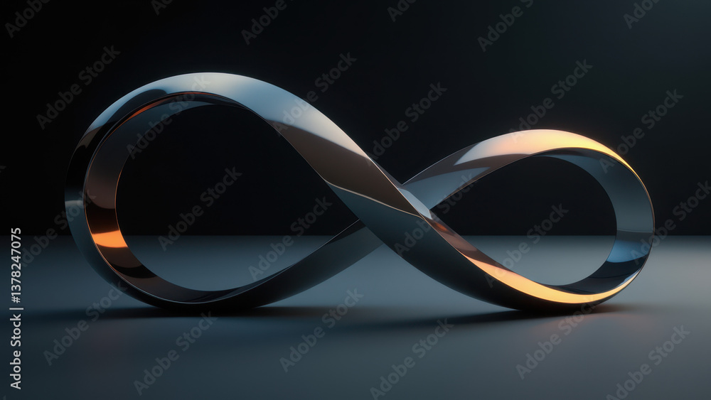 Poster a modern sculpture resembling a infinity loop with metallic surfaces reflecting light on a dark back
