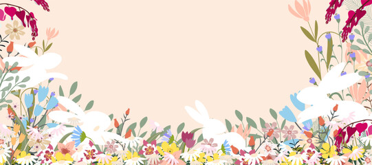 Happy Easter Background banner with Bunny rabbit and blooming spring flowers on  pastel blue colour. Horizon festive seasonal design banner for greeting card, poster, web header, social media