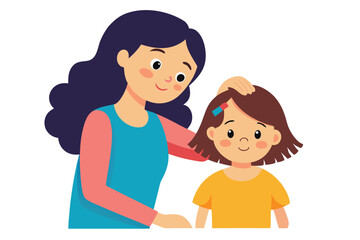 Cartoon Mom Touching Daughter's Head with Love and Affection on White Background