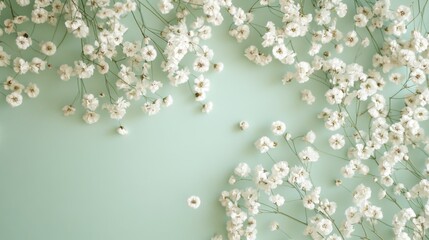Delicate white flowers in a soft mint green background nature photography floral arrangement calm environment top-down view serenity concept for freshness