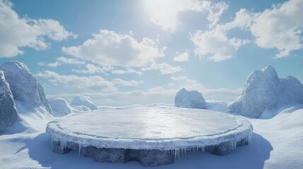 an image of an ice circle in the middle of a snowy field with blue sky