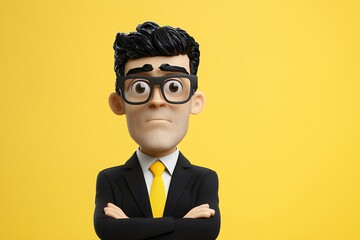 Serious Cartoon Businessman in Suit Against Yellow Background