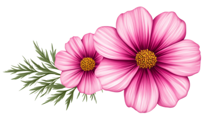 Pink cosmos flowers and green leaf, floral design, cut out transparent
