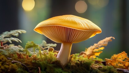 a vibrant yellow mushroom stands tall showcasing its intricate gills and natural habitat with earthy tones
