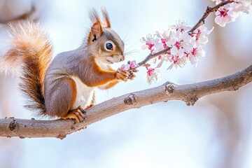 Obraz premium Squirrel Gathering Blossoms A squirrel perched on a tree branch, holding a small flower in its paws.