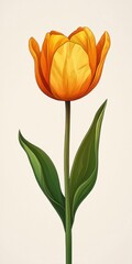 Vibrant Orange Tulip with Green Leaves on a Soft Beige Background for Floral Design and Decoration Purposes