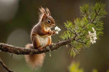 Squirrel Gathering Blossoms A squirrel perched on a tree branch, holding a small flower in its paws.