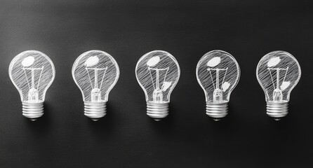 Five drawn light bulbs on dark background