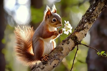 Obraz premium Squirrel Gathering Blossoms A squirrel perched on a tree branch, holding a small flower in its paws.