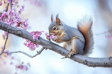 Fototapeta premium Squirrel Gathering Blossoms A squirrel perched on a tree branch, holding a small flower in its paws.