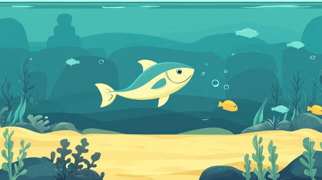 Underwater Adventure Colorful Fish Swimming in a Vibrant Ocean Scene with Seaweed and Bubbles