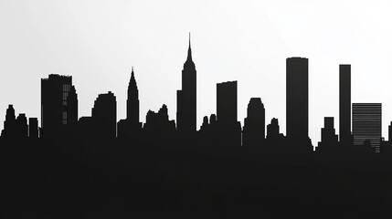 Naklejka premium Modern city skyline silhouette at dusk with skyscrapers and high-rise buildings. Urban landscape with futuristic architecture glowing horizon. Metropolitan scenery with business district silhouettes