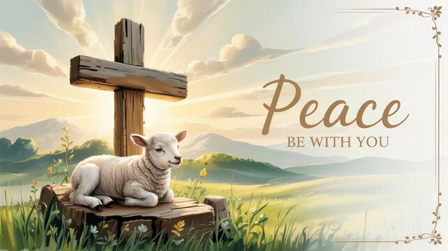 Serene, soft-focus illustration of a gentle white lamb lying peacefully at the foot of an old rugged wooden cross, bathed in soft, ethereal golden light rays, text "Peace be With You"