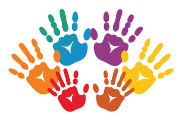 Obraz premium Colorful Handprints Circle on White, Vivid Diverse Palm Prints, Community Symbol