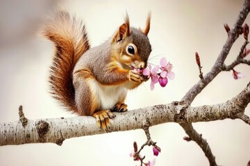 Obraz premium Squirrel Gathering Blossoms A squirrel perched on a tree branch, holding a small flower in its paws.